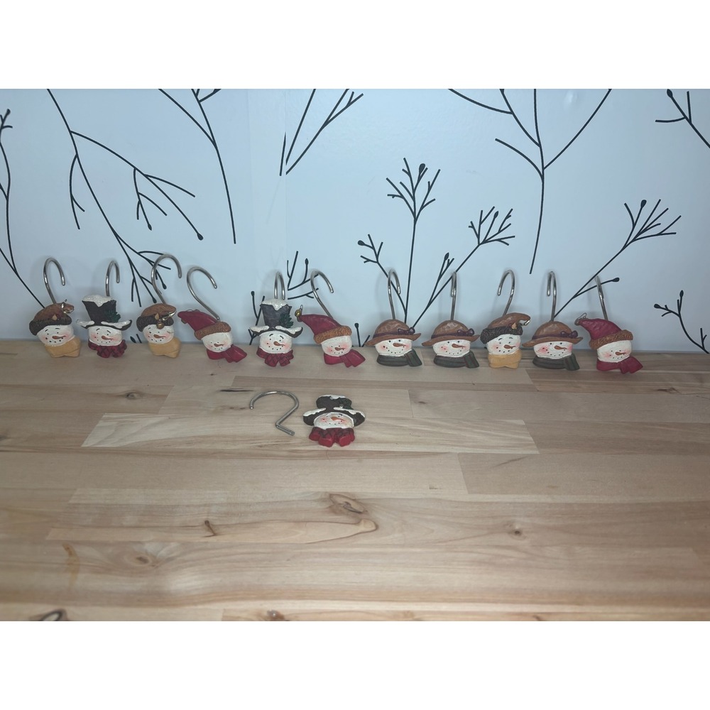 Vintage Snowman Shower Curtain Hooks Set of 12 Christmas Holiday Resin Decor